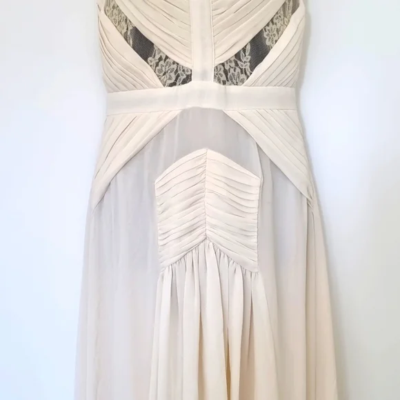 Jarlo, cream long formal dress, lace details, lined, sheer overlay, size 6 - Picture 3 of 12